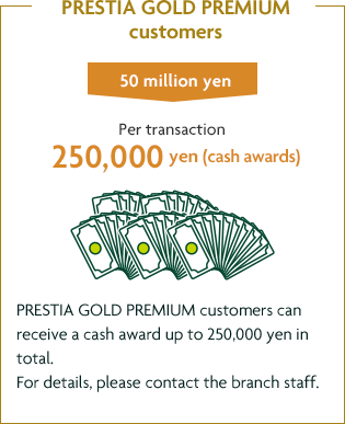 PRESTIA GOLD PREMIUM customers customers 50 million yen Per transaction 250,000 yen (cash awards) PRESTIA GOLD PREMIUM customers can receive a cash award up to 250,000 yen in total. For details, please contact the branch staff.