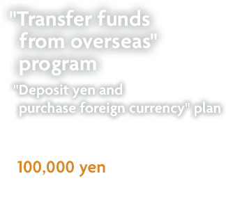 "Transfer funds from overseas" program "Deposit yen and purchase foreign currency" plan You receive cash awards up to 100,000 yen Extra cash award for PRESTIA GOLD PREMIUM customers!