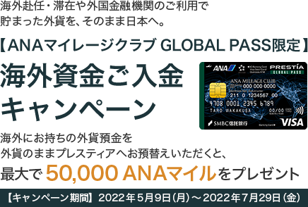海外赴任・滞在や外国金融機関のご利用で貯まった外貨を、そのまま日本へ。 【ANAマイレージクラブ GLOBAL PASS限定】海外資金ご入金キャンペーン 海外にお持ちの外貨預金を外貨のままプレスティアへお預替えいただくと、最大で50,000 ANAマイルをプレゼント 【キャンペーン期間】2022年5月9日（月）～2022年7月29日（金） ANACardB券面