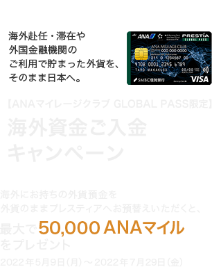 海外赴任・滞在や外国金融機関のご利用で貯まった外貨を、そのまま日本へ。 【ANAマイレージクラブ GLOBAL PASS限定】海外資金ご入金キャンペーン 海外にお持ちの外貨預金を外貨のままプレスティアへお預替えいただくと、最大で50,000 ANAマイルをプレゼント 2022年5月9日（月）～2022年7月29日（金） ANACardB券面