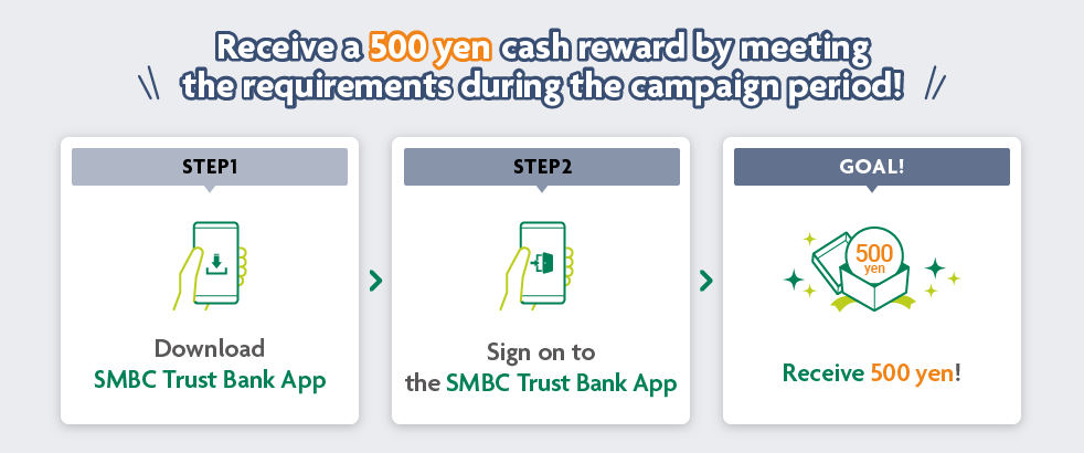 Receive a 500 yen cash reward by meeting the requirements during the campaign period! STEP1 Download SMBC Trust Bank App STEP2 Sign on to the SMBC Trust Bank app 500 yen GOAL! Receive 500 yen!