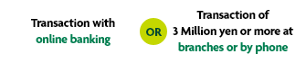Transaction with online banking OR Transaction of 3 Million yen or more at branches or by phone