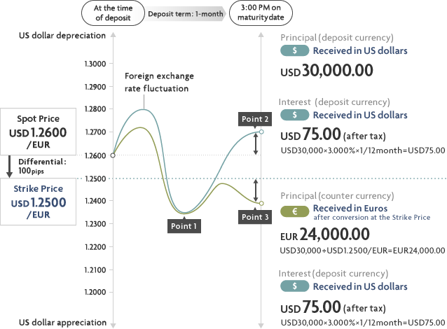 At the time of deposit Deposit term: 1-month 3:00 PM on maturity date Spot Price USD 1.2600/EUR Differential:100pips Strike Price USD 1.2500/EUR US dollar depreciation 1.3000 1.2900 1.2800 1.2700 1.2600 1.2500 1.2400 1.2300 1.2200 1.2100 1.2000 US dollar appreciation Foreign exchange rate fluctuation Point 1 Point 2 Point 3 Principal (deposit currency) $ Received in US dollars USD 30,000.00 Interest (deposit currency) $ Received in US dollars USD 75.00 (after tax) USD30,000*3.000%*1/12month=USD75.00 Principal (counter currency) Received in Euros after conversion at the Strike Price EUR 24,000.00 USD30,000 / USD1.2500/EUR=EUR 24,000.00 Interest (deposit currency) $ Received in US dollars USD 75.00 (after tax) USD30,000*3.000%*1/12month=USD75.00 currency image