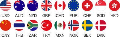 USD AUD NZD GBP CAD EUR CHF SGD HKD CNY THB ZAR TRY MXN NOK SEK DKK flag image