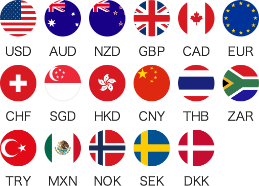 USD AUD NZD GBP CAD EUR CHF SGD HKD CNY THB ZAR TRY MXN NOK SEK DKK flag image