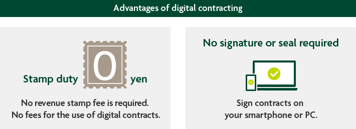 Advantages of digital contracting Stamp duty O yen No revenue stamp fee is required. No fees for the use of digital contracts. No signature or seal required Sign contracts on your smartphone or PC.