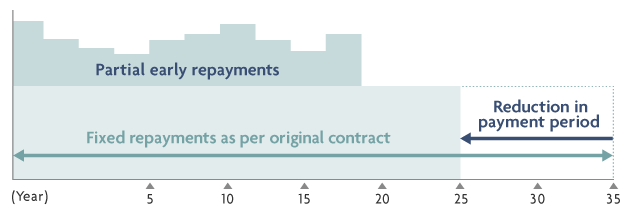 Partial early repayments Fixed repayments as per original contract Reduction in payment period