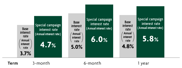 Term 3-month Base interest rate Annual interest rate 3.7% Special campaign interest rate (Annual interest rate) 4.7% 6-month Base interest rate Annual interest rate 5.0% Special campaign interest rate (Annual interest rate) 6.0% 1 year Base interest rate Annual interest rate 4.8% Special campaign interest rate (Annual interest rate) 5.8%