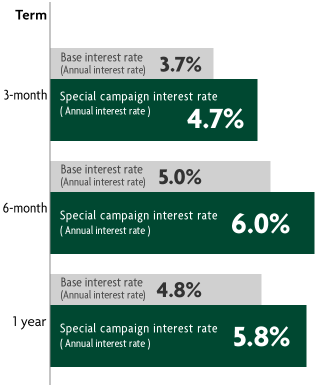 Term 3-month Base interest rate Annual interest rate 3.7% Special campaign interest rate (Annual interest rate) 4.7% 6-month Base interest rate Annual interest rate 5.0% Special campaign interest rate (Annual interest rate) 6.0% 1 year Base interest rate Annual interest rate 4.8% Special campaign interest rate (Annual interest rate) 5.8%