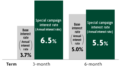 Term 3-month Base interest rate (Annual interest rate) 3.7% Special campaign interest rate (Annual interest rate) 6.5% 6-month Base interest rate (Annual interest rate) 5.0% Special campaign interest rate (Annual interest rate) 5.5%