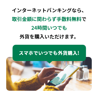 インターネットバンキングなら、取引金額に関わらず手数料無料で24時間いつでも外貨を購入いただけます。 スマホでいつでも外貨購入! 通貨マーク