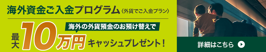 海外資金ご入金プログラム 〈外貨でご入金プラン〉 海外の外貨預金のお預け替えで 最大10万円キャッシュプレゼント！ 詳細はこちら