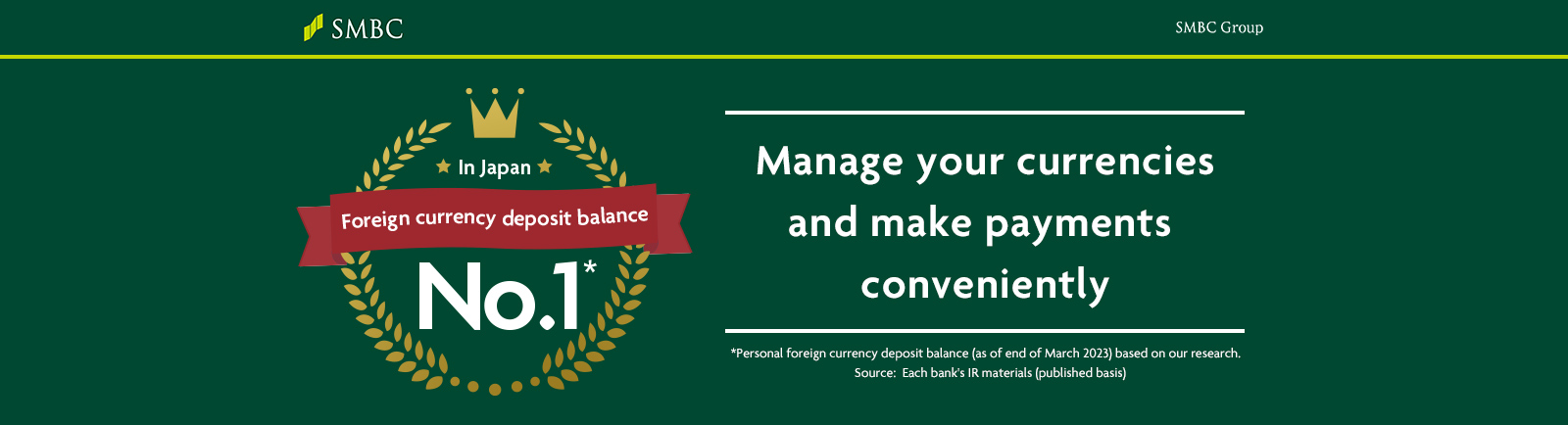 In Japan Foreign currency deposit balance No.1* Manage your currencies@and make payments conveniently *Personal foreign currency deposit balance (as of end of March 2023) based on our research. 