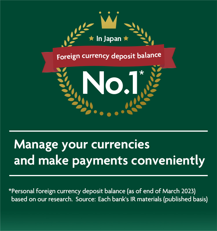 In Japan Foreign currency deposit balance No.1* Manage your currencies and make payments conveniently *Personal foreign currency deposit balance (as of end of March 2023) based on our research. Source: Each bank's IR materials (published basis)
