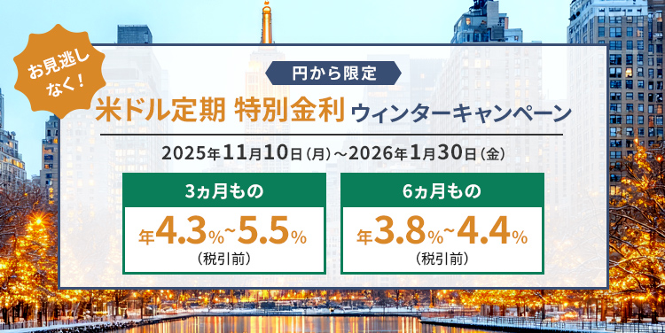 お見逃しなく! 円から限定 米ドル定期 特別金利ウインターキャンペーン 2025年11月10日（月）～2026年1月30日（金） 3ヵ月もの 年4.3%～5.5% （税引前） 6ヵ月もの 年3.8%～4.4% （税引前）