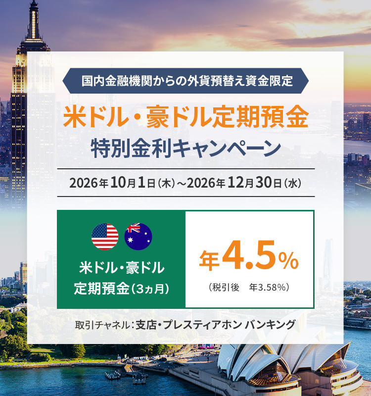 国内金融機関からの外貨預替え資金限定 米ドル・豪ドル定期預金 特別金利キャンペーン 米ドル・豪ドル 定期預金(3ヵ月) 年4.5% (税引後 年3.58%) 2026年10月1日(木)~2026年12月30日(水) 取引チャネル:支店・プレスティアホン バンキング