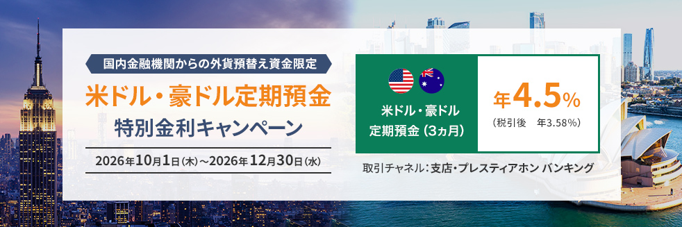 国内金融機関からの外貨預替え資金限定 米ドル・豪ドル定期預金 特別金利キャンペーン 米ドル・豪ドル 定期預金（3ヵ月） 年4.5% （税引後 年3.58%） 2026年10月1日（木）～2026年12月30日（水） 取引チャネル：支店・プレスティアホン バンキング