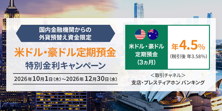 国内金融機関からの外貨預替え資金限定 米ドル・豪ドル定期預金 特別金利キャンペーン 米ドル・豪ドル 定期預金（3ヵ月） 年4.5% （税引後 年3.58%） 2026年10月1日（木）～2026年12月30日（水） 取引チャネル：支店・プレスティアホン バンキング