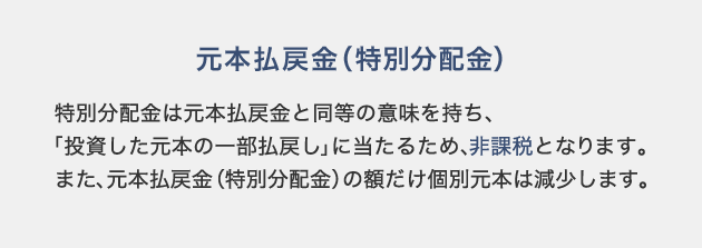 元本払戻金（特別分配金） 特別分配金は元本払戻金と同等の意味を持ち、「投資した元本の一部払戻し」に当たるため、非課税となります。また、元本払戻金（特別分配金）の額だけ個別元本は減少します。