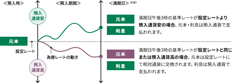 ＜預入時＞＜預入期間＞＜満期日＞（※注） 預入通貨安 元本 設定レート 為替レートの動き 預入通貨高 元本 利息 元本 利息 満期日午後3時の基準レートが設定レートより預入通貨安の場合、元本・利息は預入通貨で支払われます。 満期日午後3時の基準レートが設定レートと同じまたは預入通貨高の場合、元本は設定レートにて相対通貨に交換されます。利息は預入通貨で支払われます。