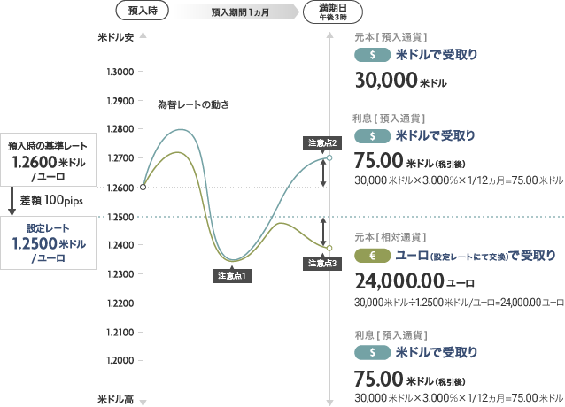 預入時 預入期間1ヵ月 満期日 午後3時 預入時の基準レート 1.2600米ドル/ユーロ 差額 100pips 設定レート 1.2500米ドル/ユーロ 米ドル安 1.3000 1.2900 1.2800 1.2700 1.2600 1.2500 1.2400 1.2300 1.2200 1.2100 1.2000 米ドル高 為替レートの動き 注意点1 注意点2 注意点3 元本【預入通貨】 $ 米ドルで受取り 30,000米ドル 利息【預入通貨】 $ 米ドルで受取り 75.00米ドル (税引後) 30,000米ドル×3.000%×1/12ヵ月=75.00米ドル 元本【相対通貨】 ユーロ(設定レートにて交換)で受取り 24,000.00ユーロ 30,000米ドル÷1.2500米ドル/ユーロ=24,000.00ユーロ 利息【預入通貨】 $ 米ドルで受取り 75.00米ドル (税引後) 30,000米ドル×3.000%×1/12ヵ月=75.00米ドル 通貨マーク
