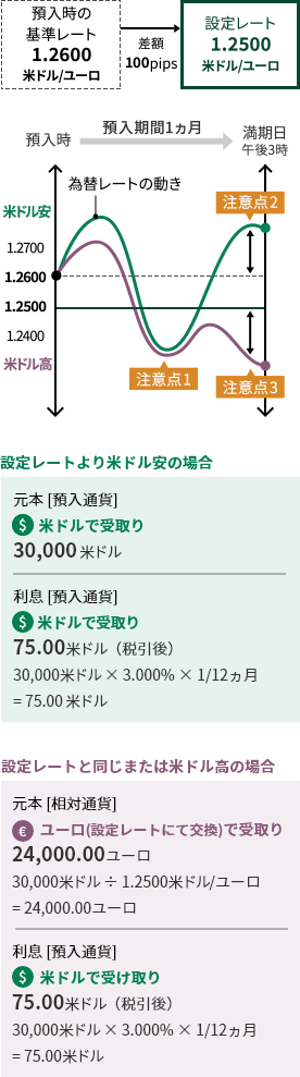 預入時 預入期間1ヵ月 満期日 午後3時 預入時の基準レート 1.2600米ドル/ユーロ 差額 100pips 設定レート 1.2500米ドル/ユーロ 米ドル安 1.3000 1.2900 1.2800 1.2700 1.2600 1.2500 1.2400 1.2300 1.2200 1.2100 1.2000 米ドル高 為替レートの動き 注意点1 注意点2 注意点3 元本【預入通貨】 $ 米ドルで受取り 30,000米ドル 利息【預入通貨】 $ 米ドルで受取り 75.00米ドル (税引後) 30,000米ドル×3.000%×1/12ヵ月=75.00米ドル 元本【相対通貨】 ユーロ(設定レートにて交換)で受取り 24,000.00ユーロ 30,000米ドル÷1.2500米ドル/ユーロ=24,000.00ユーロ 利息【預入通貨】 $ 米ドルで受取り 75.00米ドル (税引後) 30,000米ドル×3.000%×1/12ヵ月=75.00米ドル 通貨マーク