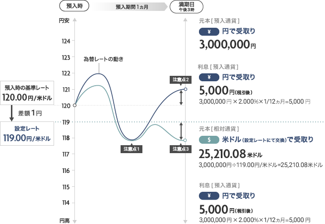 預入時 預入期間1ヵ月 満期日 午後3時 預入時の基準レート 120.00円/米ドル 差額1円 設定レート 119.00円/米ドル 円安 124 123 122 121 120 119 118 117 116 115 114 円高 為替レートの動き 注意点1 注意点2 注意点3 元本［預入通貨］ 円で受取り 3,000,000円 利息［預入通貨］ 円で受取り 5,000円(税引後) 3,000,000円×2.000%×1/12ヵ月＝5,000円 元本［相対通貨］ 米ドル(設定レートにて交換)で受取り 25,210.08米ドル 3,000,000円÷119.00円/米ドル＝25,210.08米ドル 利息［預入通貨］ 円で受取り 5,000円(税引後) 3,000,000円×2.000%×1/12ヵ月＝5,000円 通貨マーク