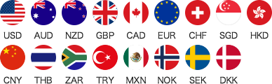 USD AUD NZD GBP CAD EUR CHF SGD HKD CNY THB ZAR TRY MXN NOK SEK DKK 国旗マーク