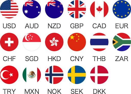 USD AUD NZD GBP CAD EUR CHF SGD HKD CNY THB ZAR TRY MXN NOK SEK DKK 国旗マーク