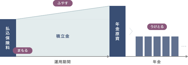 払込保険料　まもる　運用期間　積立金　ふやす　年金原資　年金　うけとる