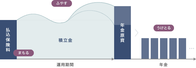 払込保険料　まもる　運用期間　積立金　ふやす　年金原資　年金　うけとる