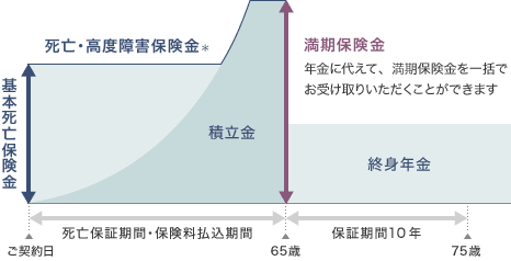 基本死亡保険金　死亡・高度障害保険金※　積立金　満期保険金 年金に代えて、満期保険金を一括でお受け取りいただくことができます　終身年金　[ご契約日　死亡保証期間・保険料払込期間　65歳][65歳　保証期間10年　75歳]