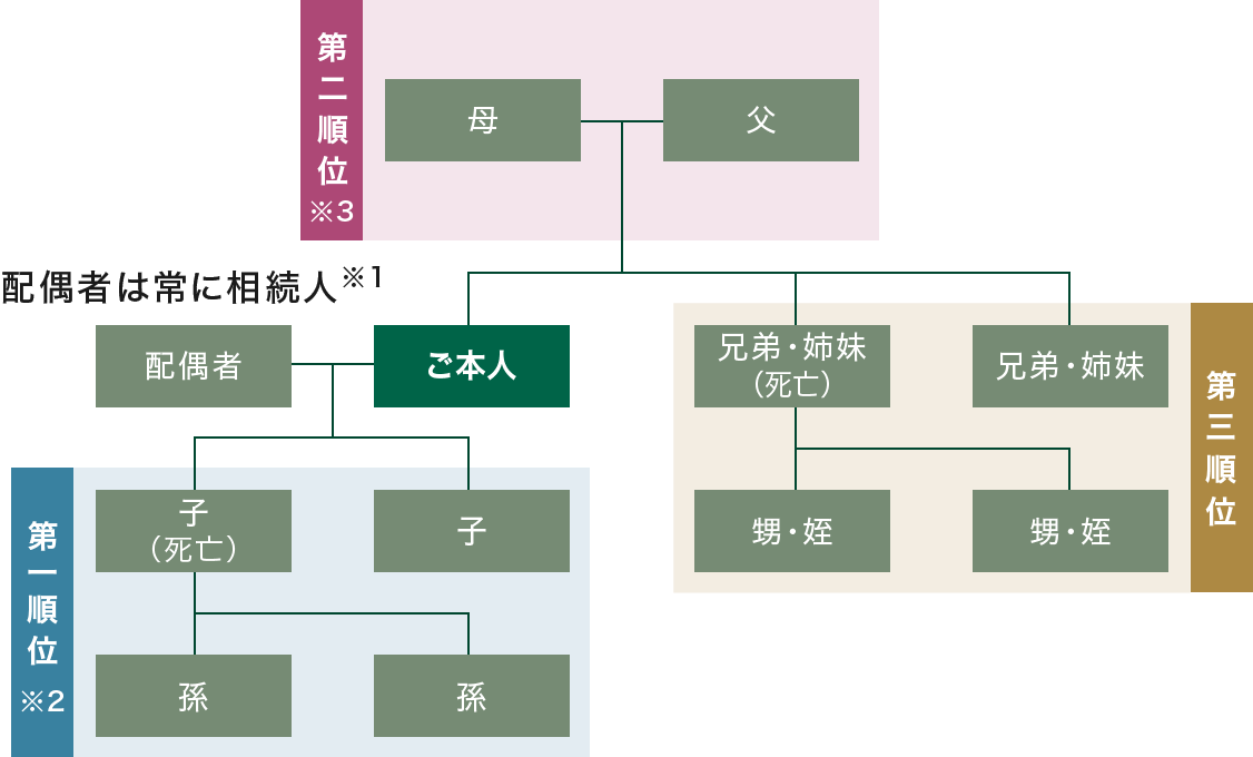 ご本人 配偶者 配偶者は常に相続人※1 [第一順位※2 子（死亡） 子 孫 孫] [第二順位※3 母 父] [第三順位 兄弟・姉妹（死亡） 兄弟・姉妹 甥・姪 甥・姪]