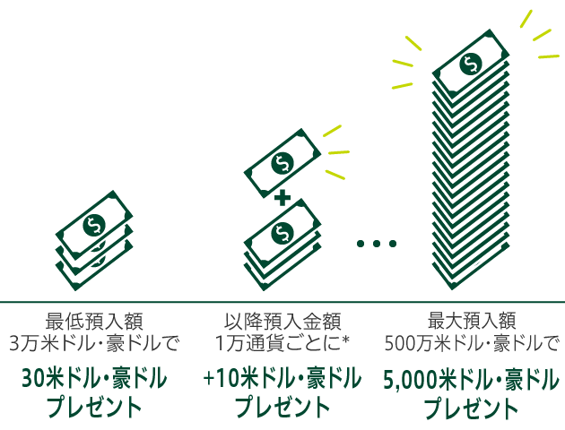 最低預入額3万米ドル・豪ドルで30米ドル・豪ドルプレゼント 以降預入金額1万通貨ごとに* +10米ドル・豪ドルプレゼント 最大預入額500万米ドル・豪ドルで5,000米ドル・豪ドルプレゼント